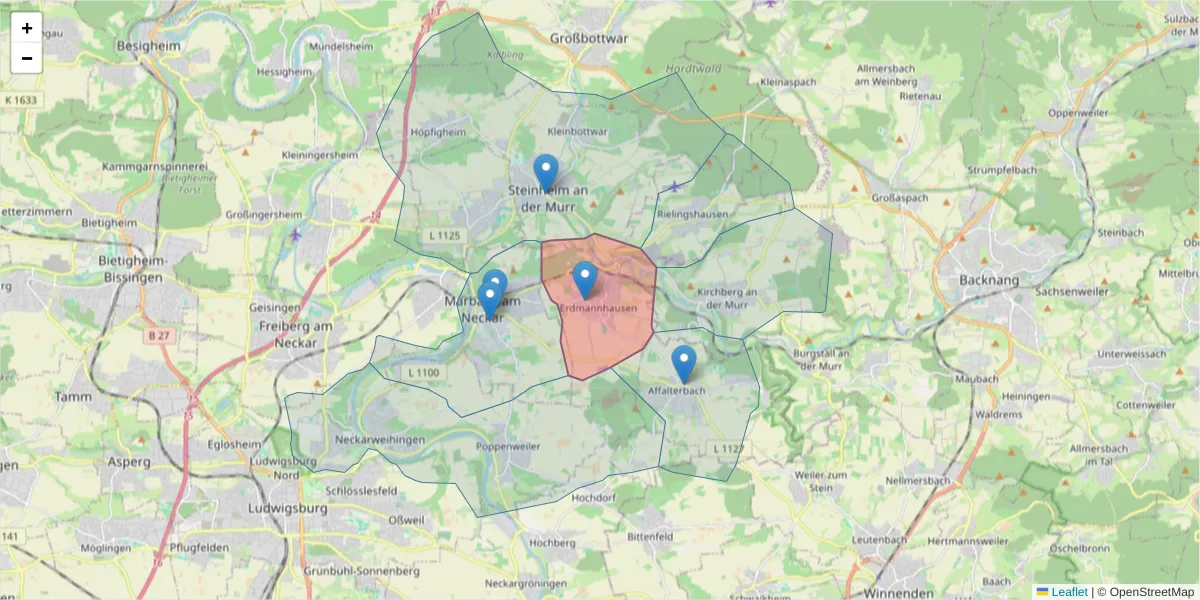 Karte des Postleitzahlen Bereichs  und der umliegenden Postleitzahlen in Deutschland