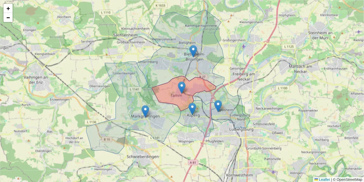 Karte des Postleitzahlen Bereichs  und der umliegenden Postleitzahlen in Deutschland