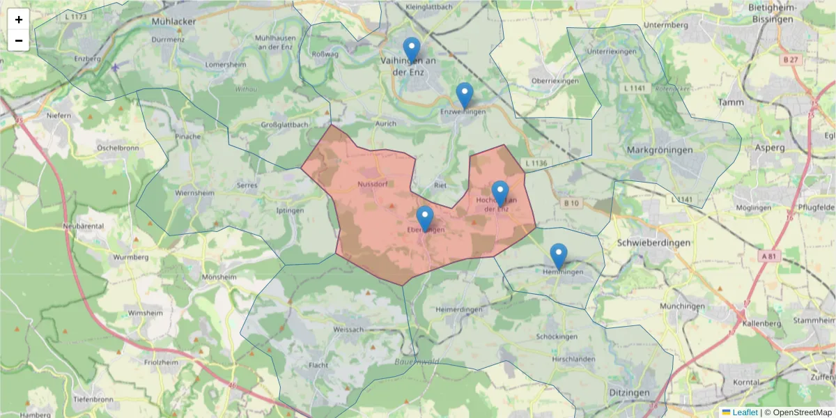 Karte des Postleitzahlen Bereichs  und der umliegenden Postleitzahlen in Deutschland