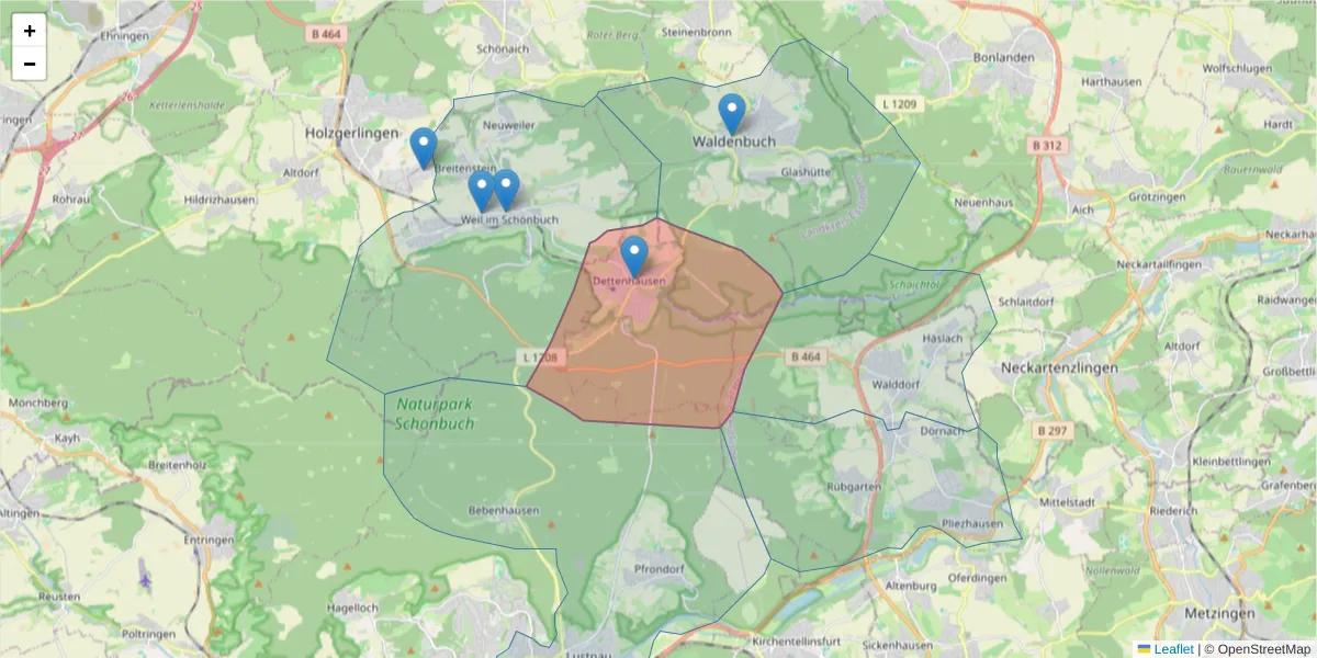 Karte des Postleitzahlen Bereichs  und der umliegenden Postleitzahlen in Deutschland
