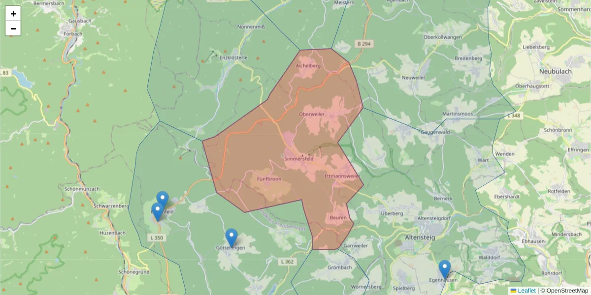Karte des Postleitzahlen Bereichs  und der umliegenden Postleitzahlen in Deutschland
