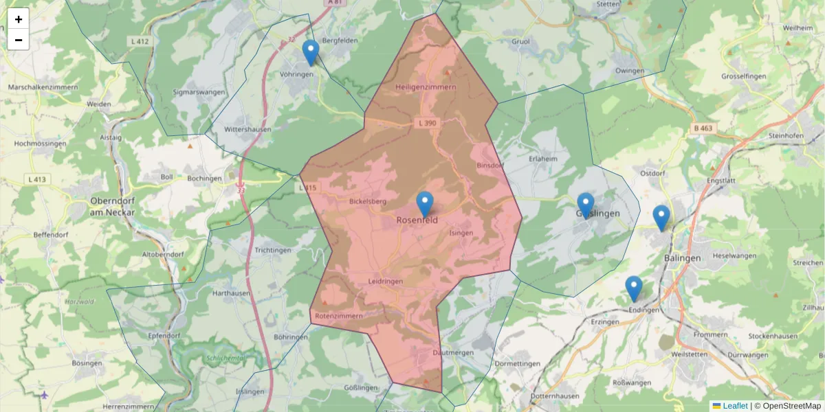 Karte des Postleitzahlen Bereichs  und der umliegenden Postleitzahlen in Deutschland