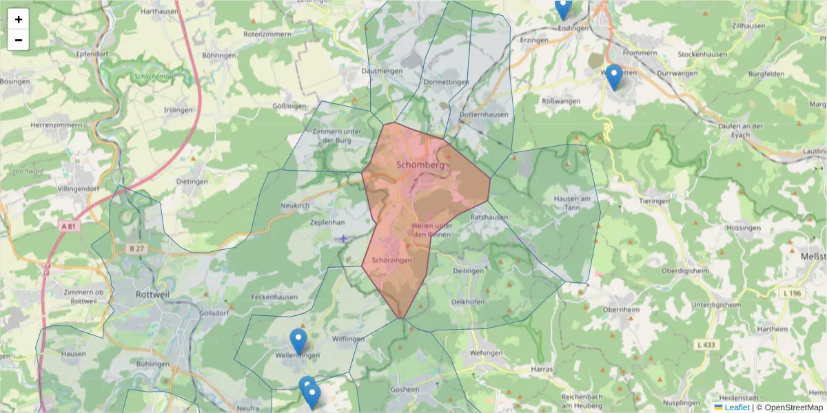 Karte des Postleitzahlen Bereichs  und der umliegenden Postleitzahlen in Deutschland