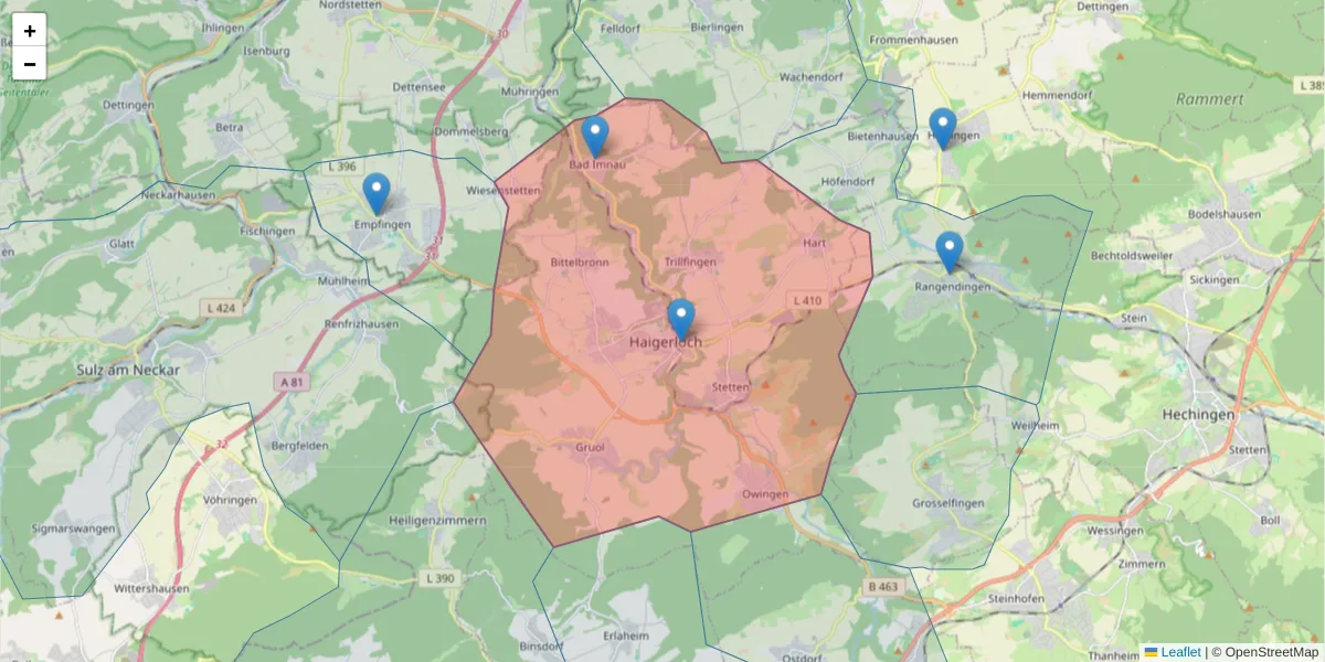 Karte des Postleitzahlen Bereichs  und der umliegenden Postleitzahlen in Deutschland