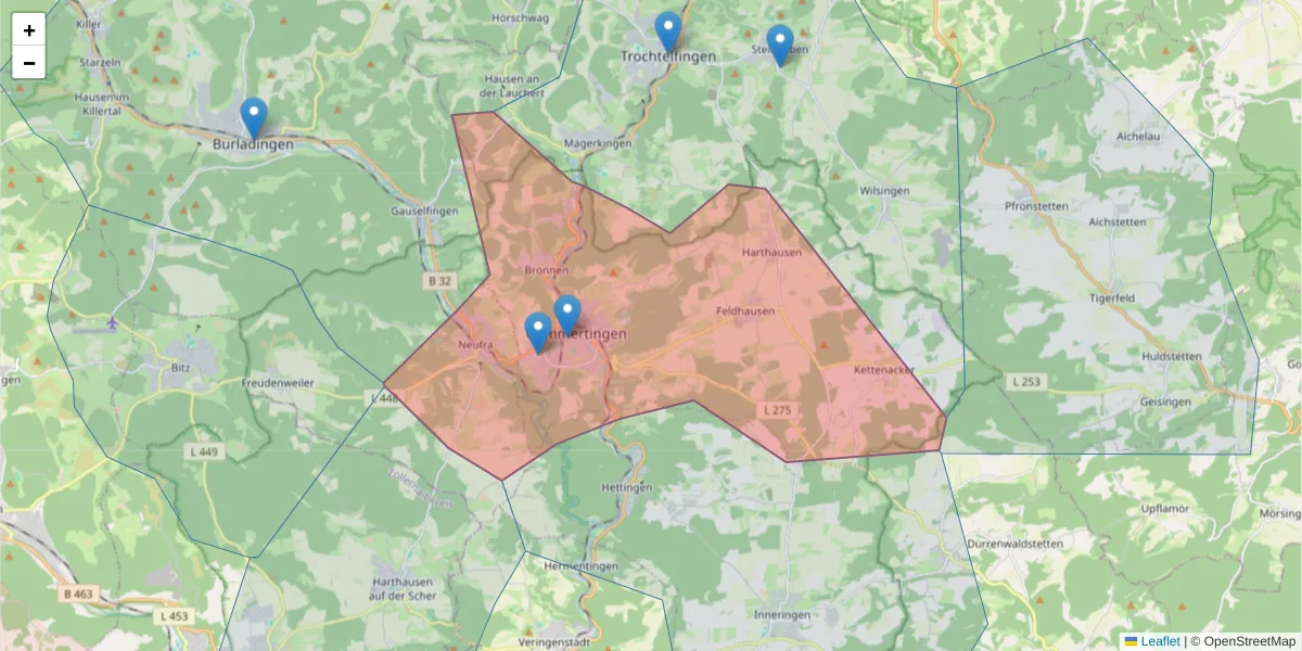 Karte des Postleitzahlen Bereichs  und der umliegenden Postleitzahlen in Deutschland