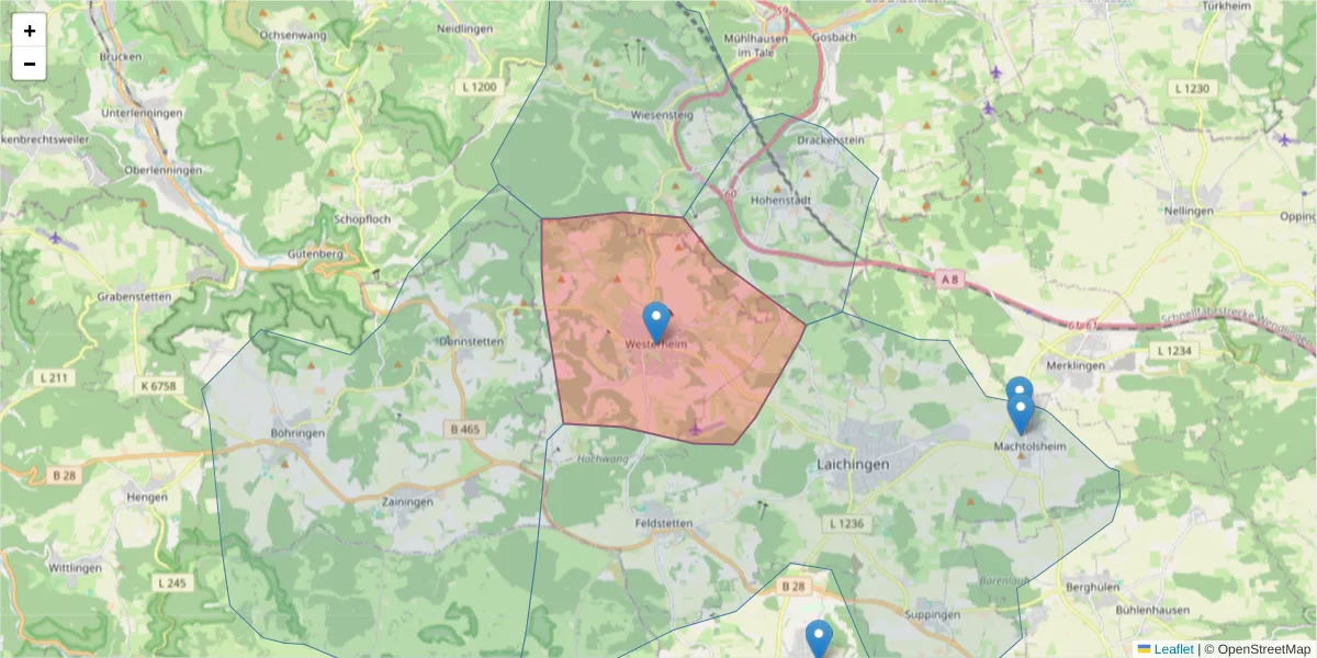 Karte des Postleitzahlen Bereichs  und der umliegenden Postleitzahlen in Deutschland
