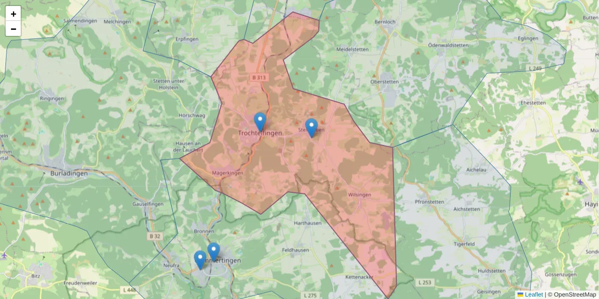 Karte des Postleitzahlen Bereichs  und der umliegenden Postleitzahlen in Deutschland