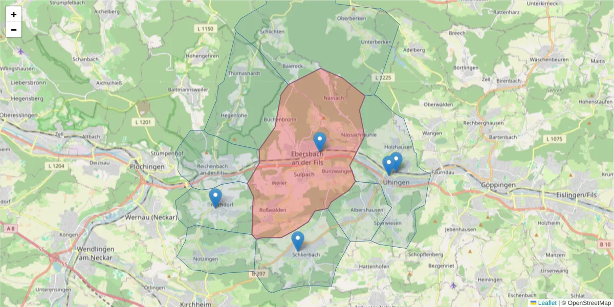 Karte des Postleitzahlen Bereichs  und der umliegenden Postleitzahlen in Deutschland