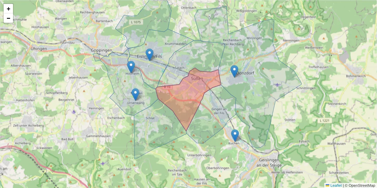 Karte des Postleitzahlen Bereichs  und der umliegenden Postleitzahlen in Deutschland