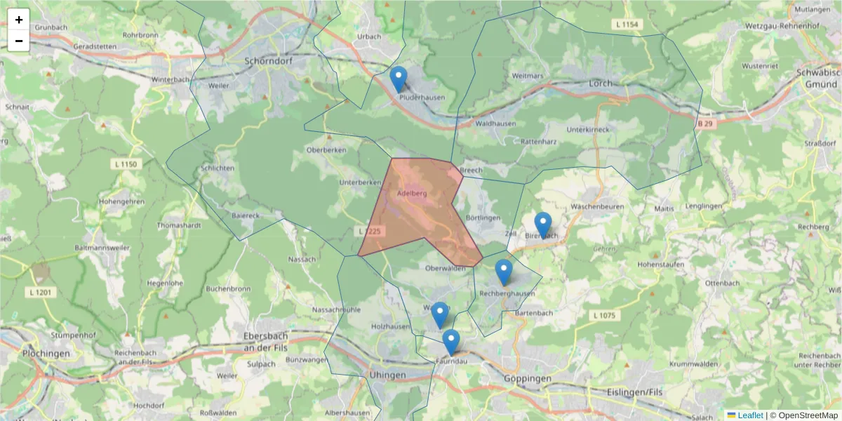 Karte des Postleitzahlen Bereichs  und der umliegenden Postleitzahlen in Deutschland