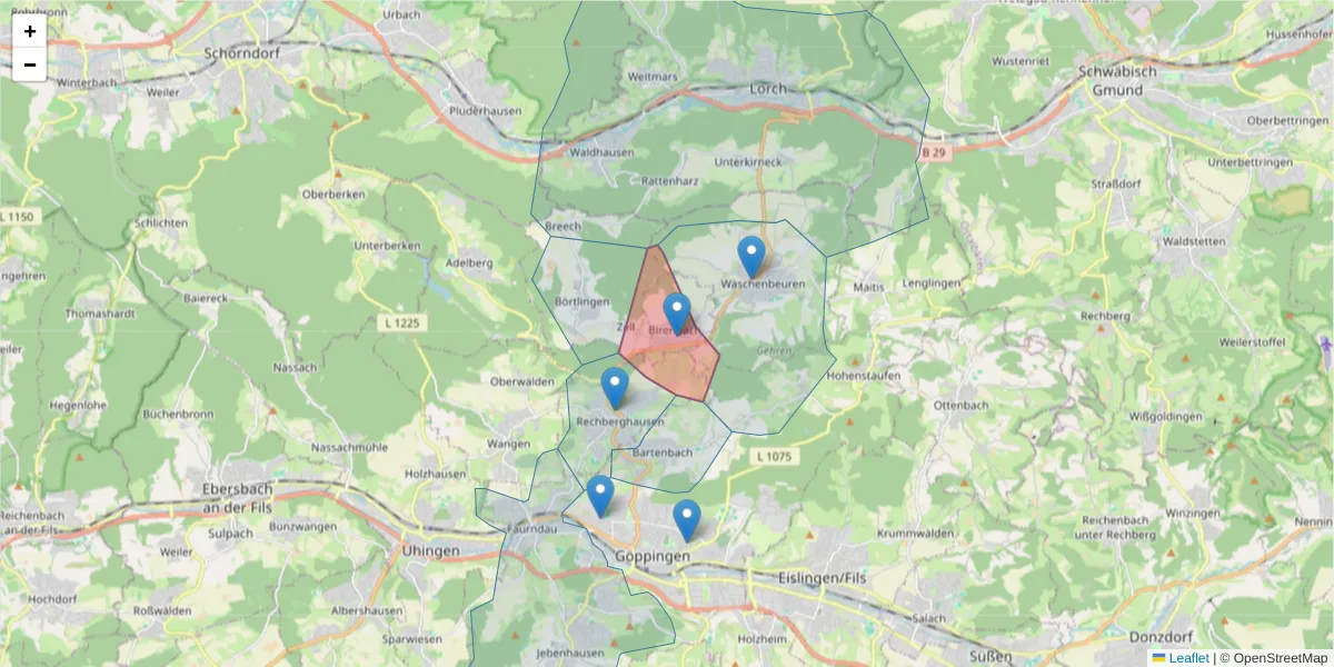 Karte des Postleitzahlen Bereichs  und der umliegenden Postleitzahlen in Deutschland