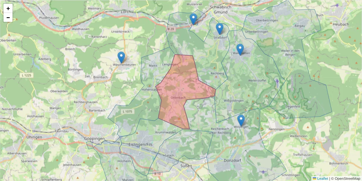Karte des Postleitzahlen Bereichs  und der umliegenden Postleitzahlen in Deutschland