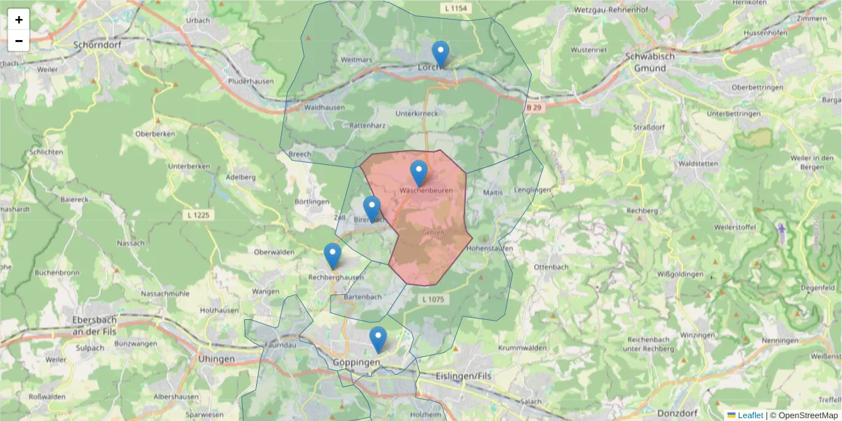 Karte des Postleitzahlen Bereichs  und der umliegenden Postleitzahlen in Deutschland