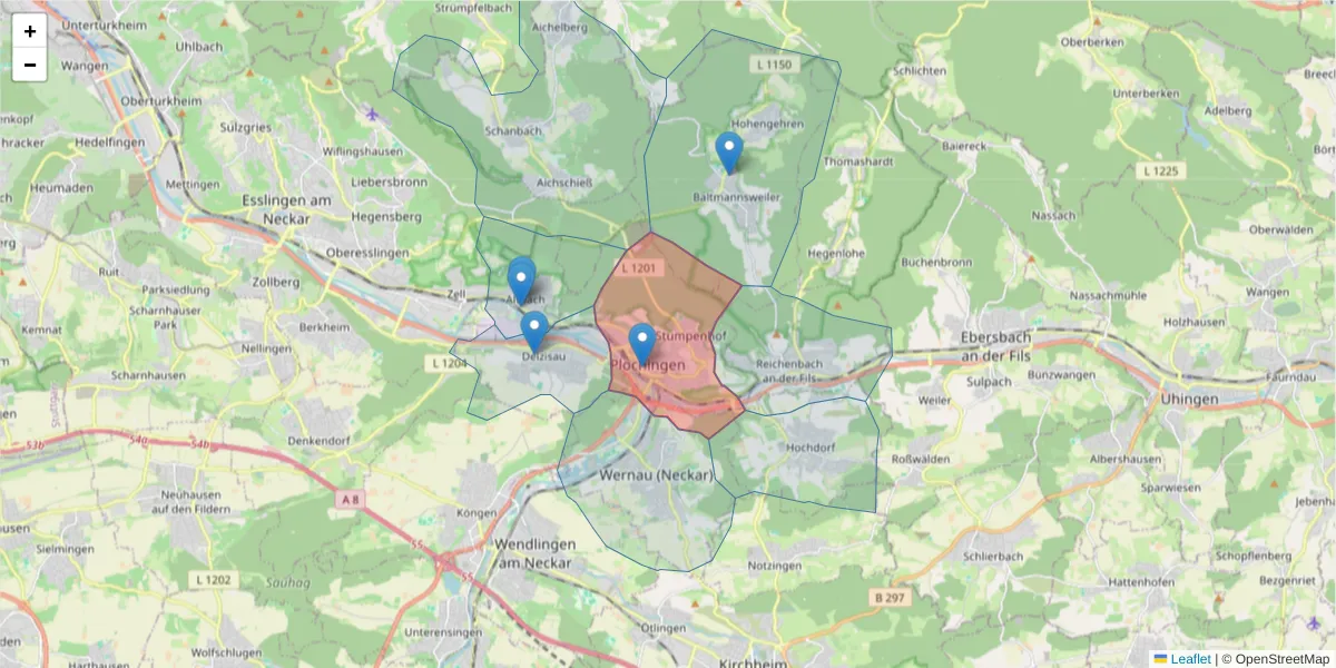 Karte des Postleitzahlen Bereichs  und der umliegenden Postleitzahlen in Deutschland
