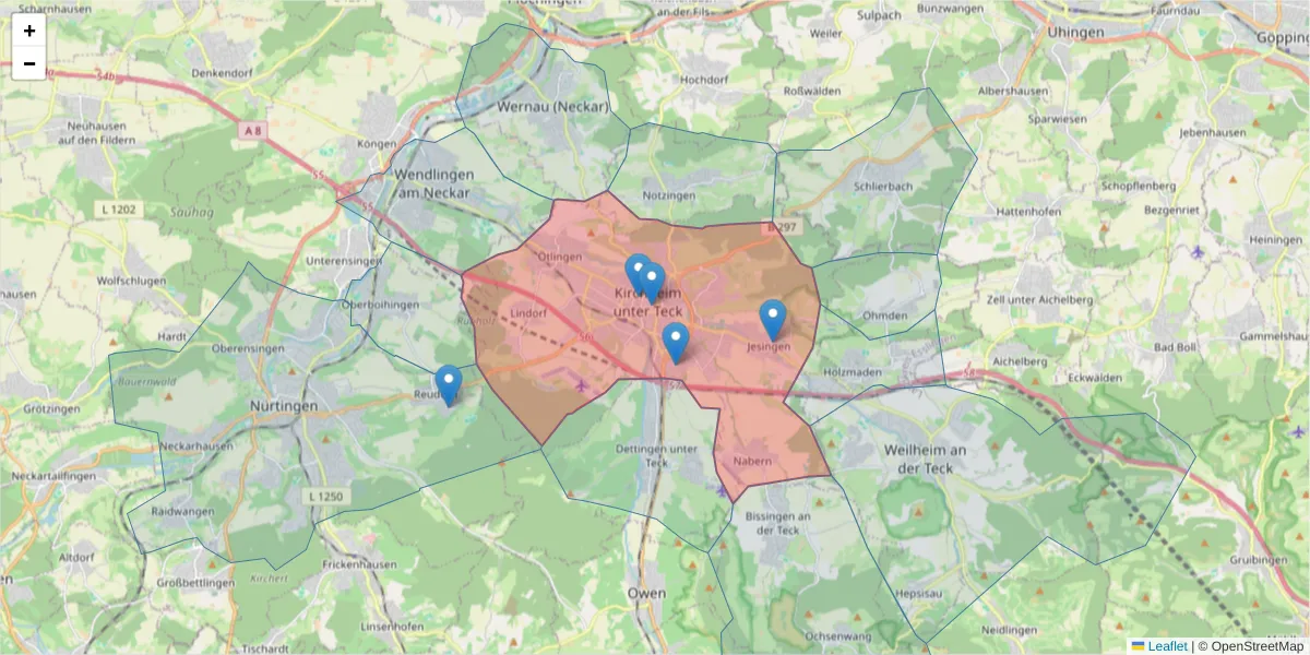 Karte des Postleitzahlen Bereichs  und der umliegenden Postleitzahlen in Deutschland