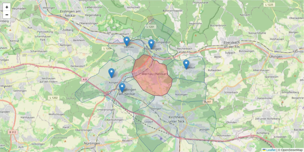 Karte des Postleitzahlen Bereichs  und der umliegenden Postleitzahlen in Deutschland