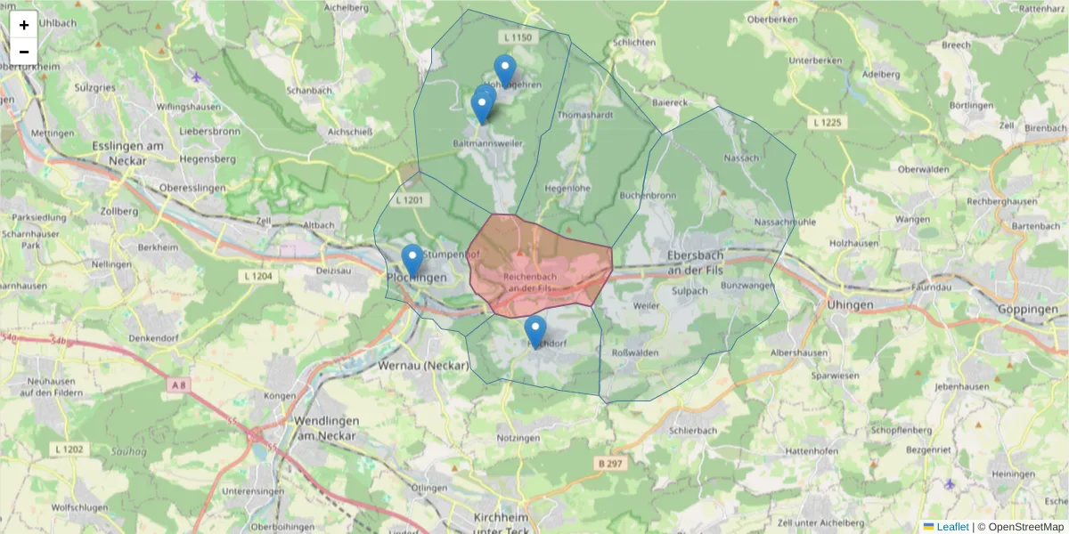 Karte des Postleitzahlen Bereichs  und der umliegenden Postleitzahlen in Deutschland