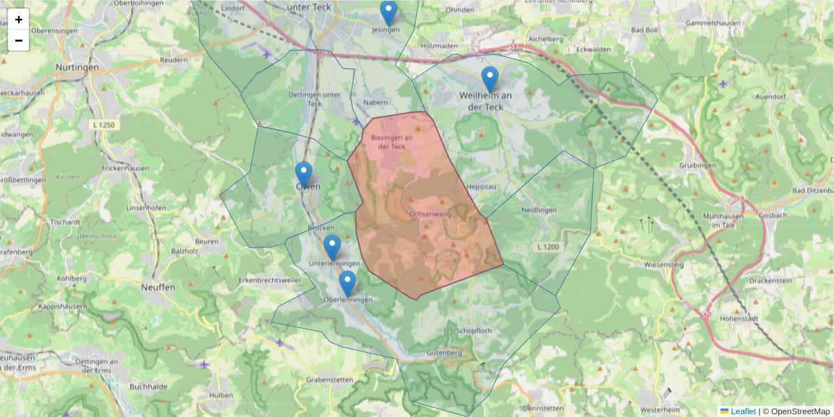 Karte des Postleitzahlen Bereichs  und der umliegenden Postleitzahlen in Deutschland