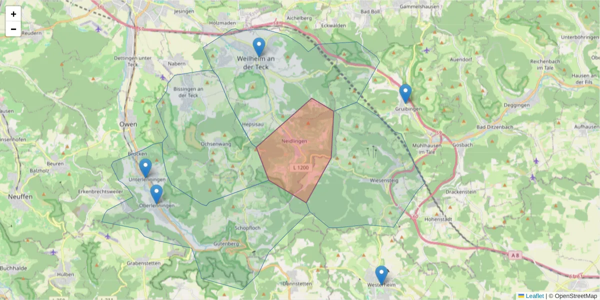 Karte des Postleitzahlen Bereichs  und der umliegenden Postleitzahlen in Deutschland