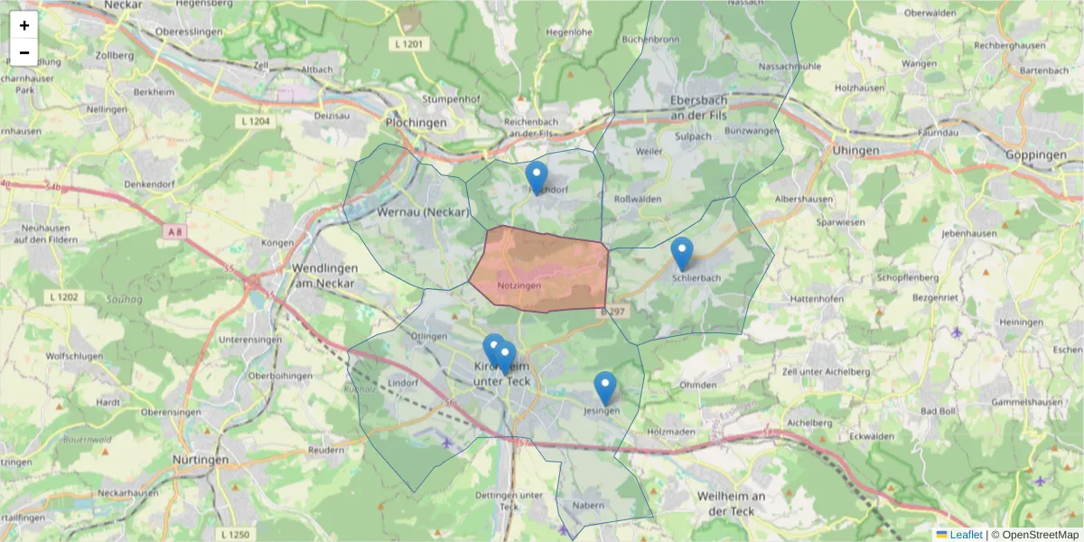 Karte des Postleitzahlen Bereichs  und der umliegenden Postleitzahlen in Deutschland