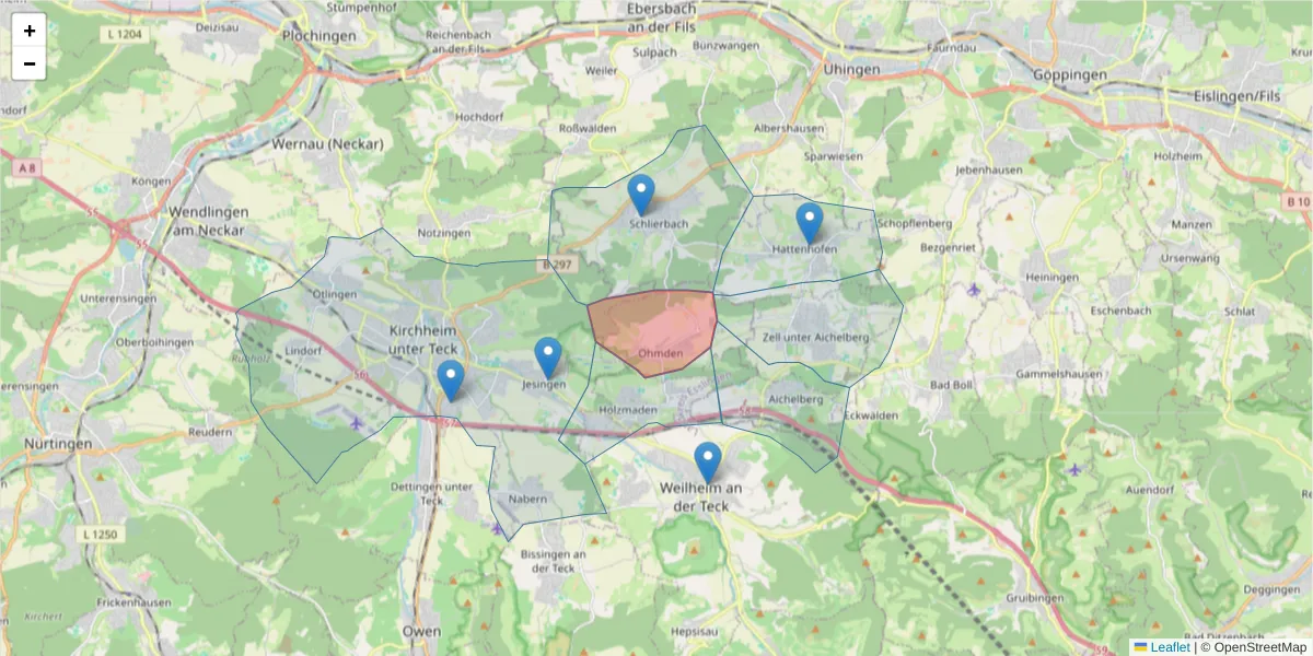 Karte des Postleitzahlen Bereichs  und der umliegenden Postleitzahlen in Deutschland