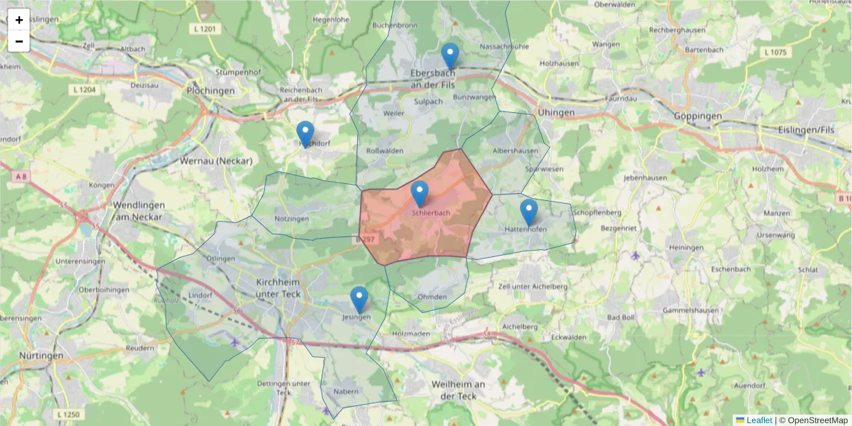 Karte des Postleitzahlen Bereichs  und der umliegenden Postleitzahlen in Deutschland