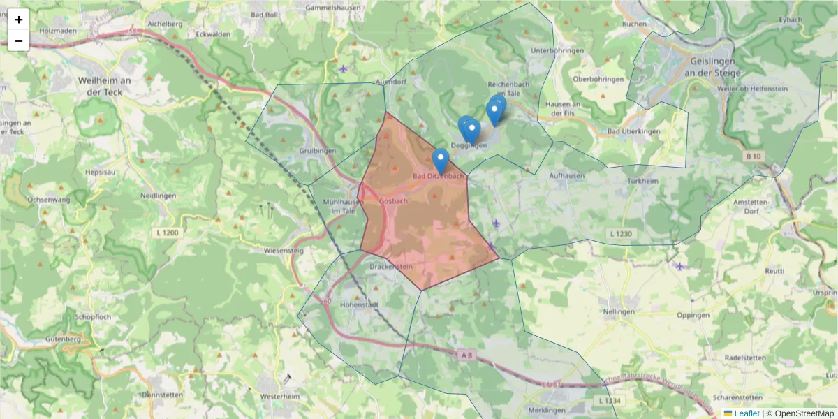 Karte des Postleitzahlen Bereichs  und der umliegenden Postleitzahlen in Deutschland
