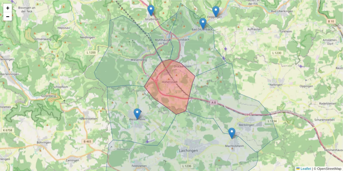 Karte des Postleitzahlen Bereichs  und der umliegenden Postleitzahlen in Deutschland