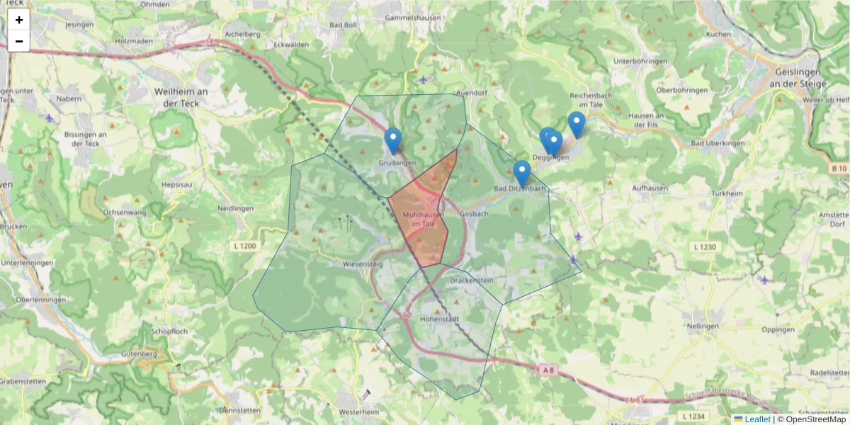 Karte des Postleitzahlen Bereichs  und der umliegenden Postleitzahlen in Deutschland