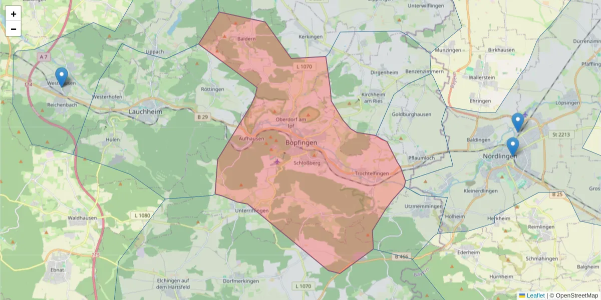 Karte des Postleitzahlen Bereichs  und der umliegenden Postleitzahlen in Deutschland