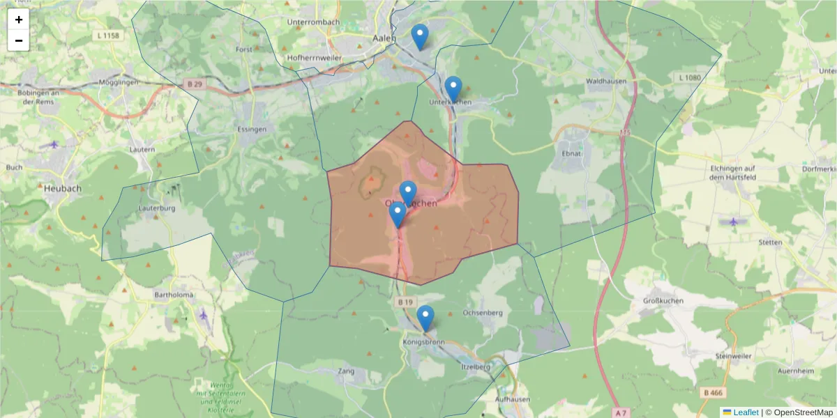 Karte des Postleitzahlen Bereichs  und der umliegenden Postleitzahlen in Deutschland