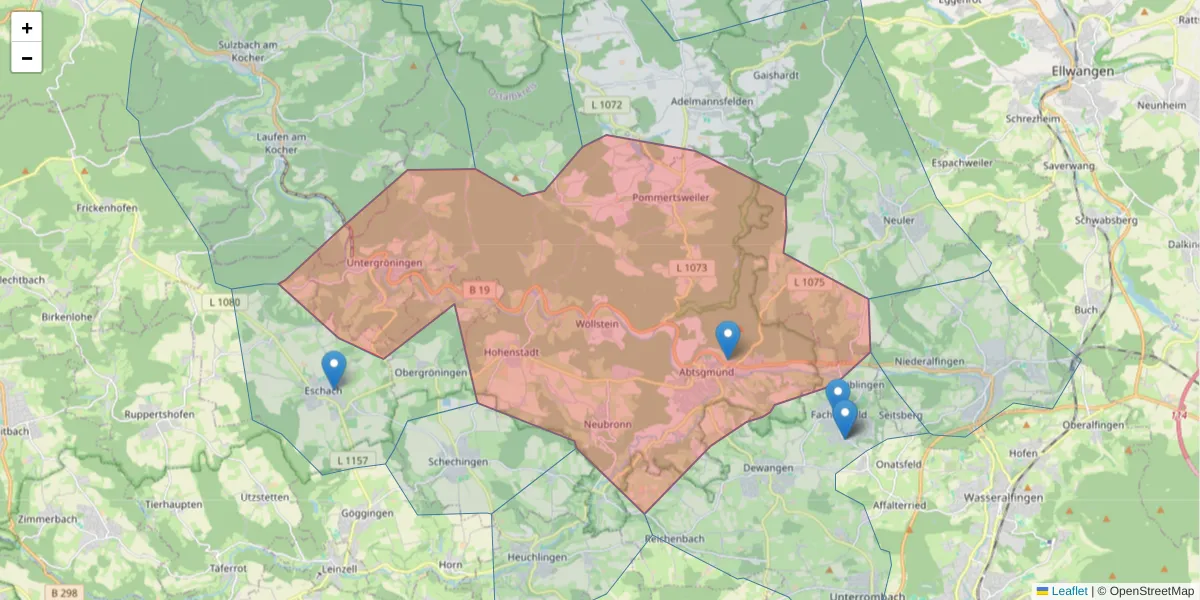 Karte des Postleitzahlen Bereichs  und der umliegenden Postleitzahlen in Deutschland