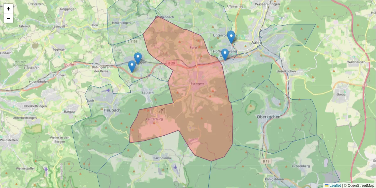 Karte des Postleitzahlen Bereichs  und der umliegenden Postleitzahlen in Deutschland