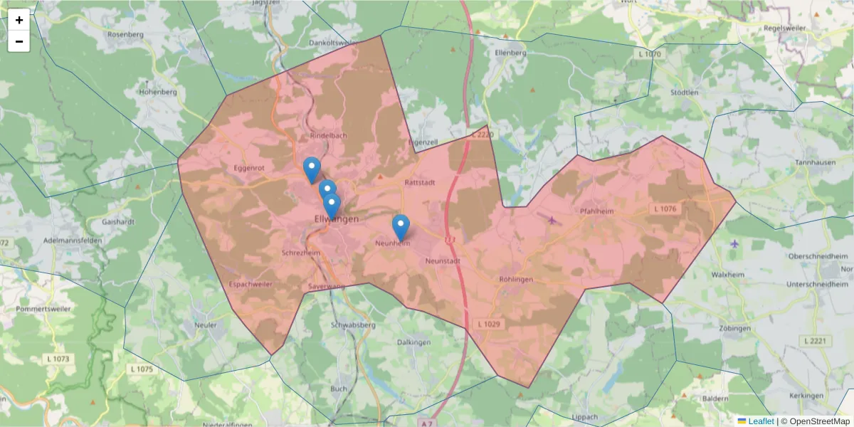 Karte des Postleitzahlen Bereichs  und der umliegenden Postleitzahlen in Deutschland