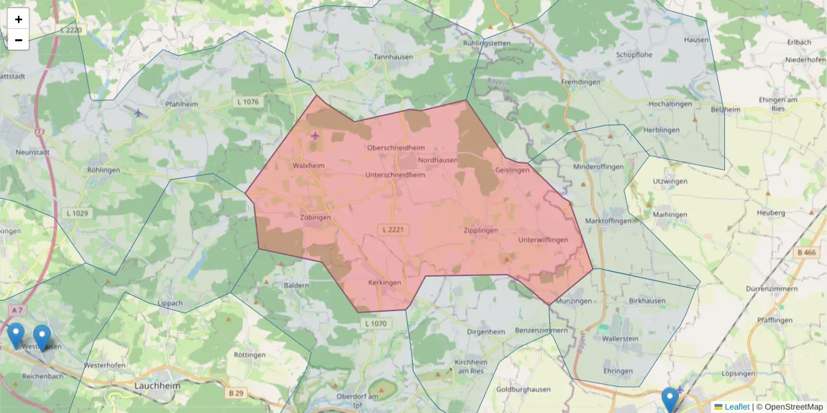 Karte des Postleitzahlen Bereichs  und der umliegenden Postleitzahlen in Deutschland