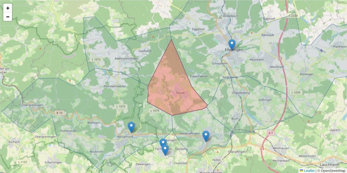 Karte des Postleitzahlen Bereichs  und der umliegenden Postleitzahlen in Deutschland