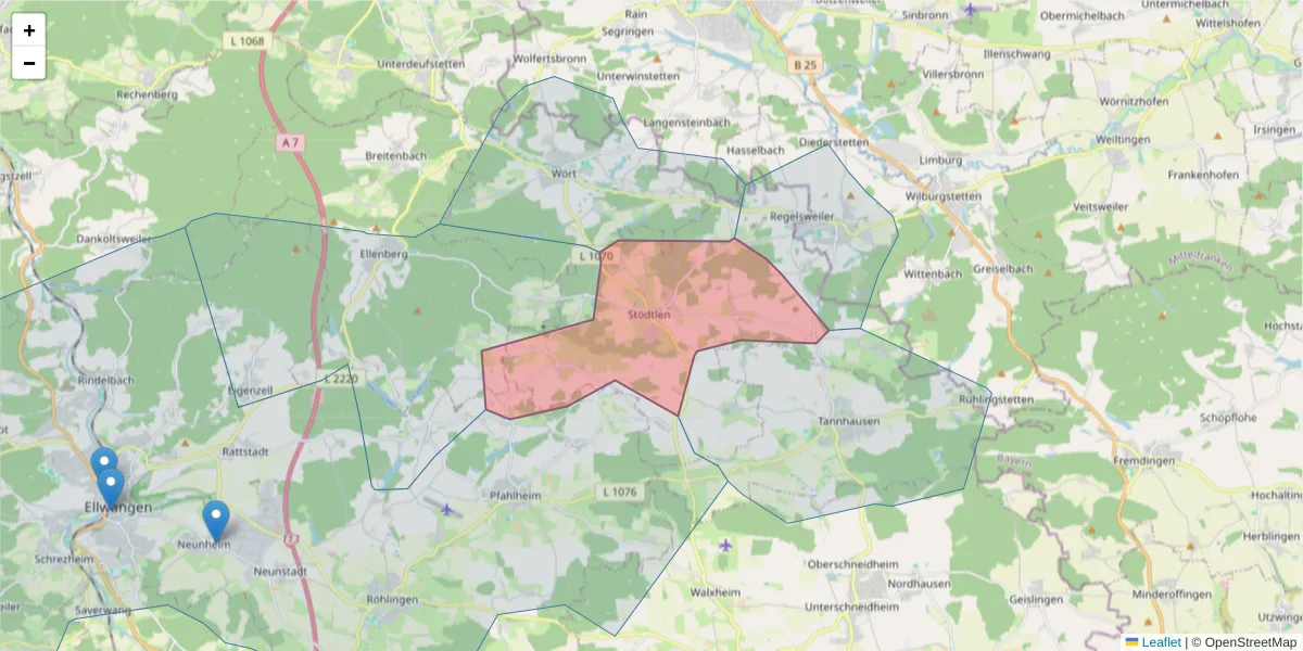 Karte des Postleitzahlen Bereichs  und der umliegenden Postleitzahlen in Deutschland