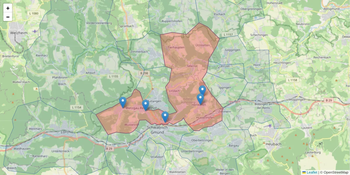 Karte des Postleitzahlen Bereichs  und der umliegenden Postleitzahlen in Deutschland