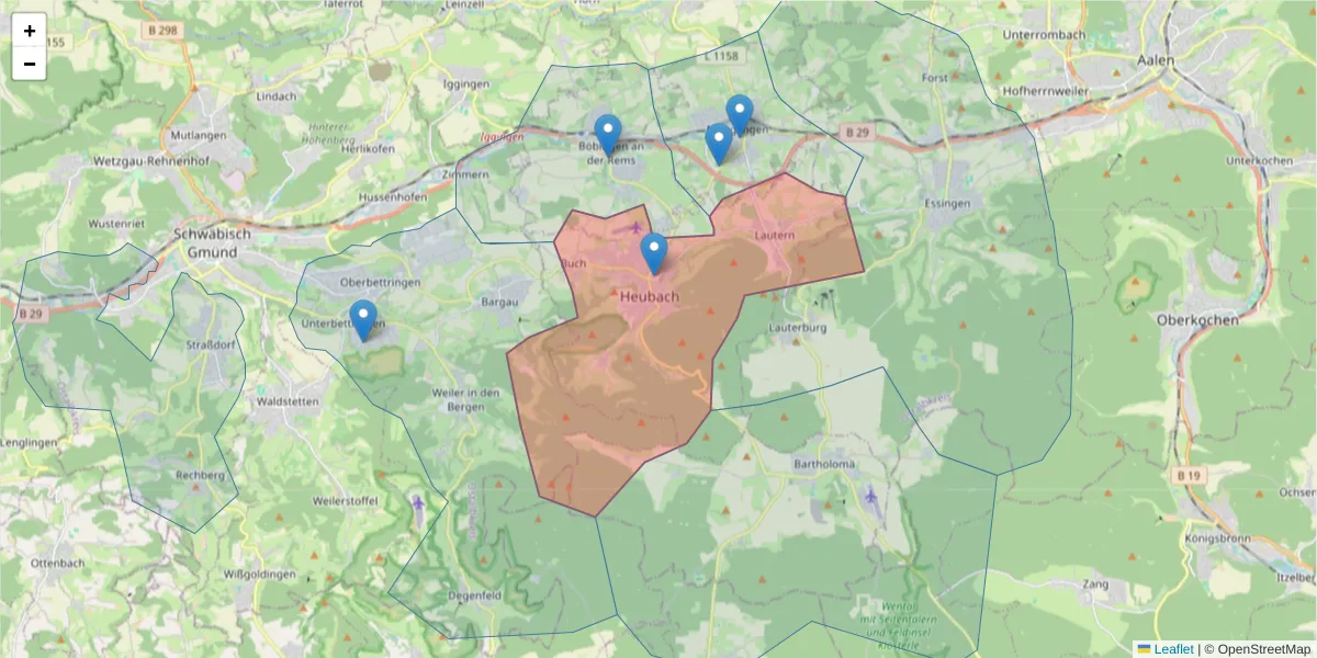 Karte des Postleitzahlen Bereichs  und der umliegenden Postleitzahlen in Deutschland