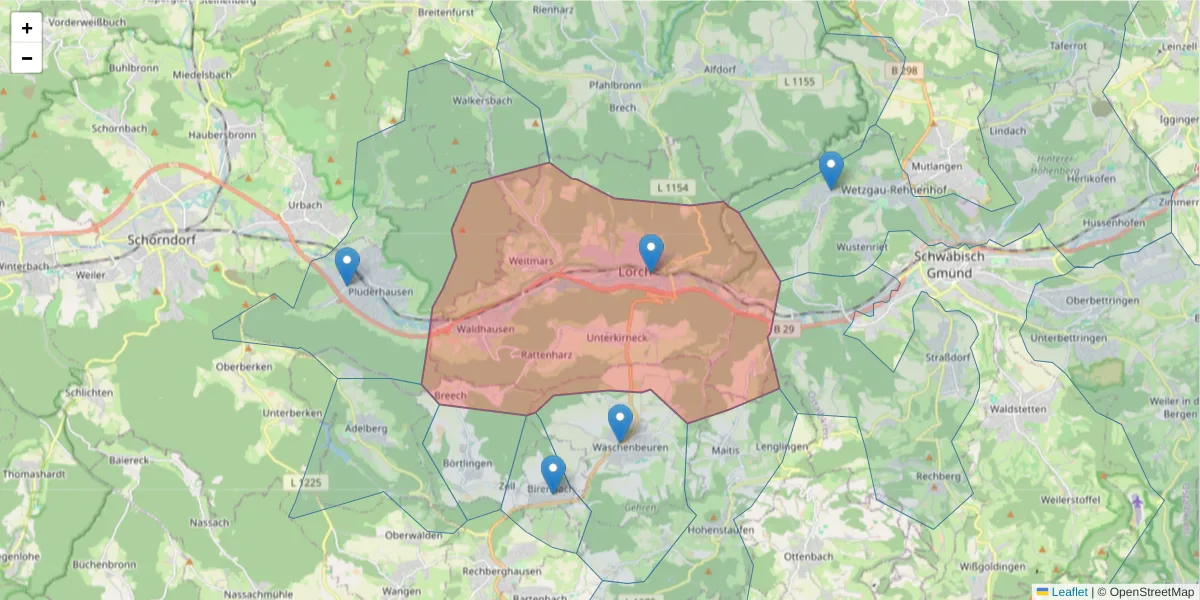 Karte des Postleitzahlen Bereichs  und der umliegenden Postleitzahlen in Deutschland
