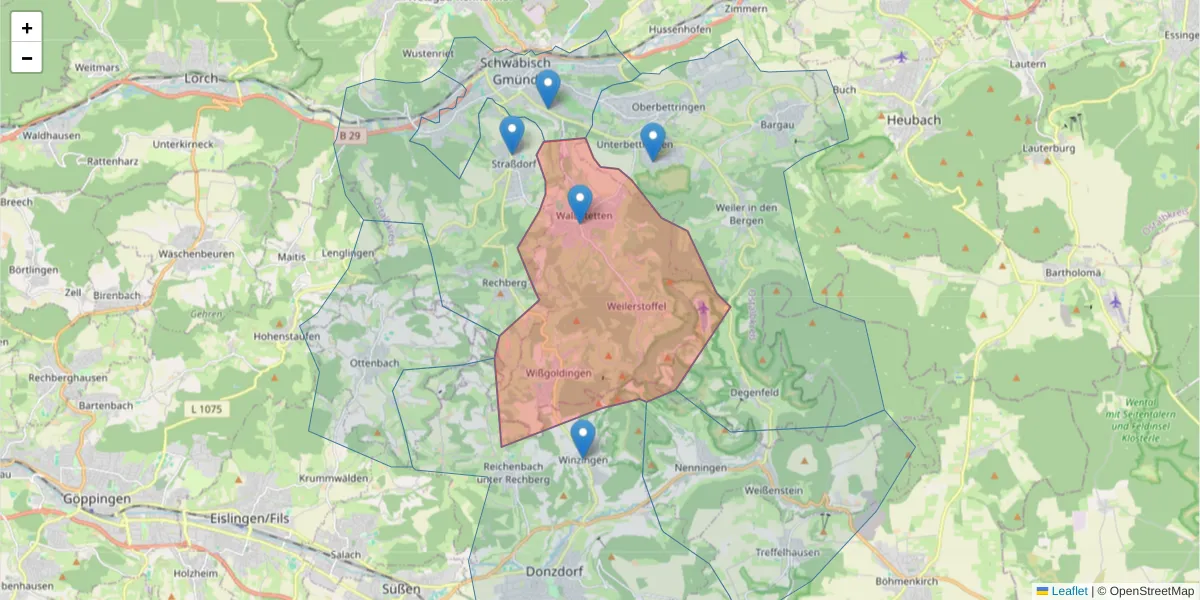 Karte des Postleitzahlen Bereichs  und der umliegenden Postleitzahlen in Deutschland
