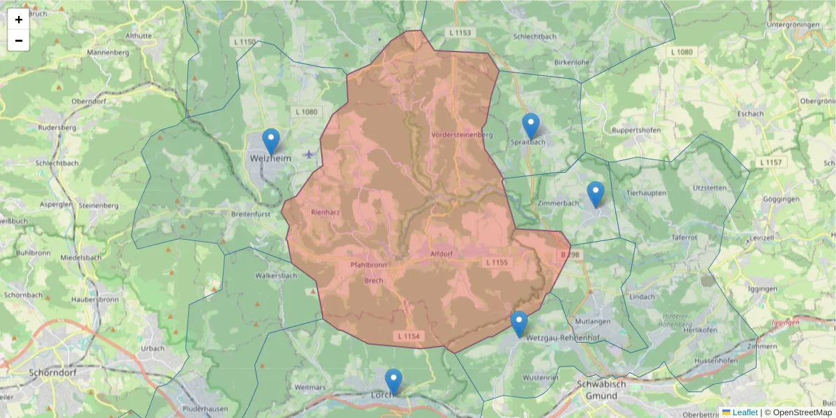 Karte des Postleitzahlen Bereichs  und der umliegenden Postleitzahlen in Deutschland