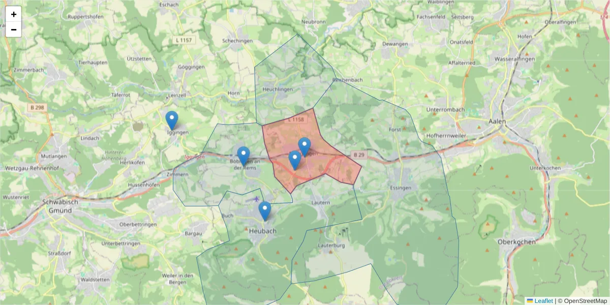 Karte des Postleitzahlen Bereichs  und der umliegenden Postleitzahlen in Deutschland