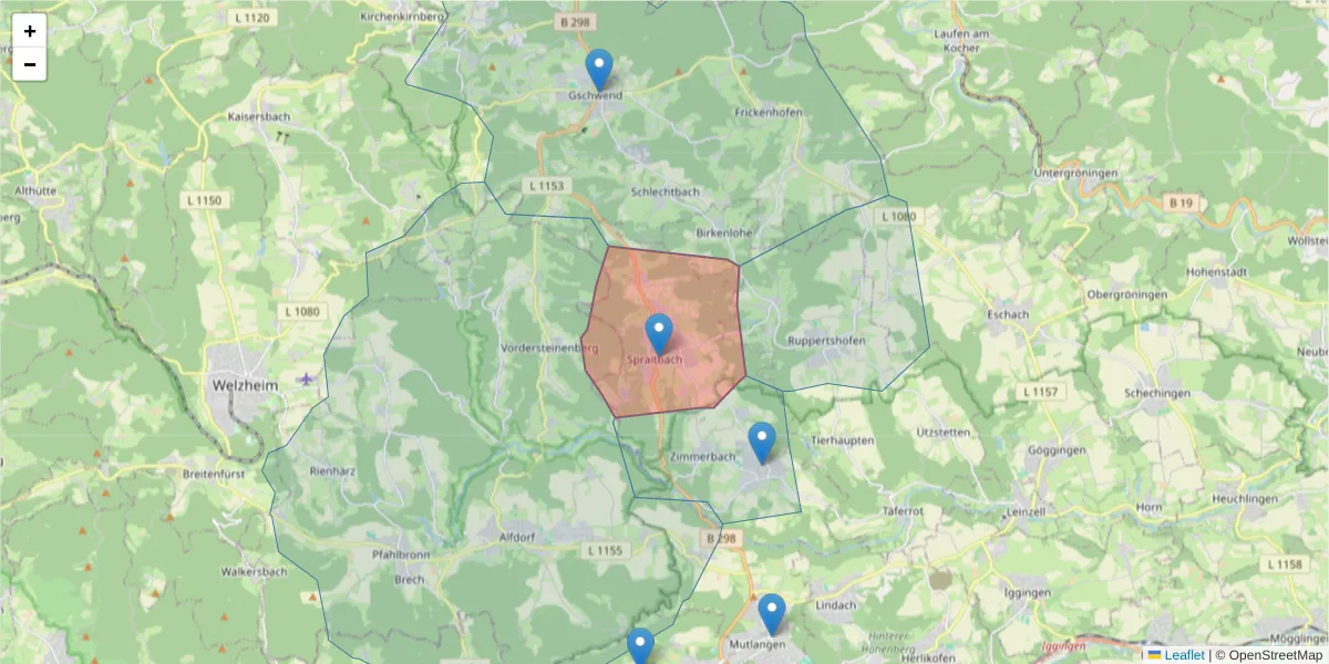 Karte des Postleitzahlen Bereichs  und der umliegenden Postleitzahlen in Deutschland
