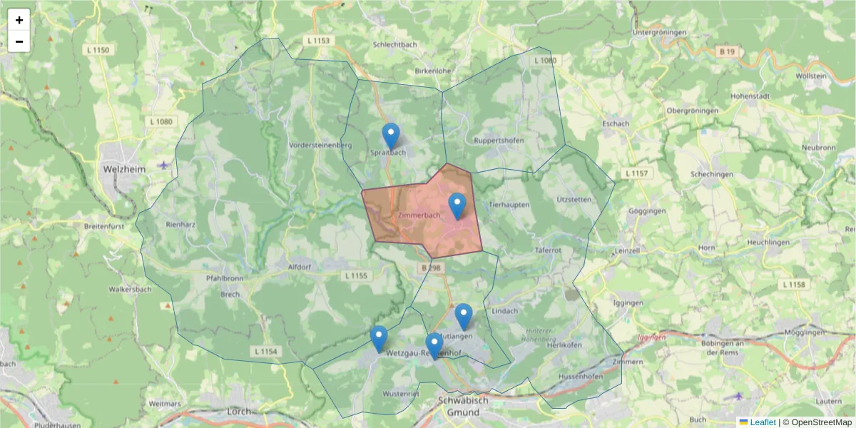 Karte des Postleitzahlen Bereichs  und der umliegenden Postleitzahlen in Deutschland