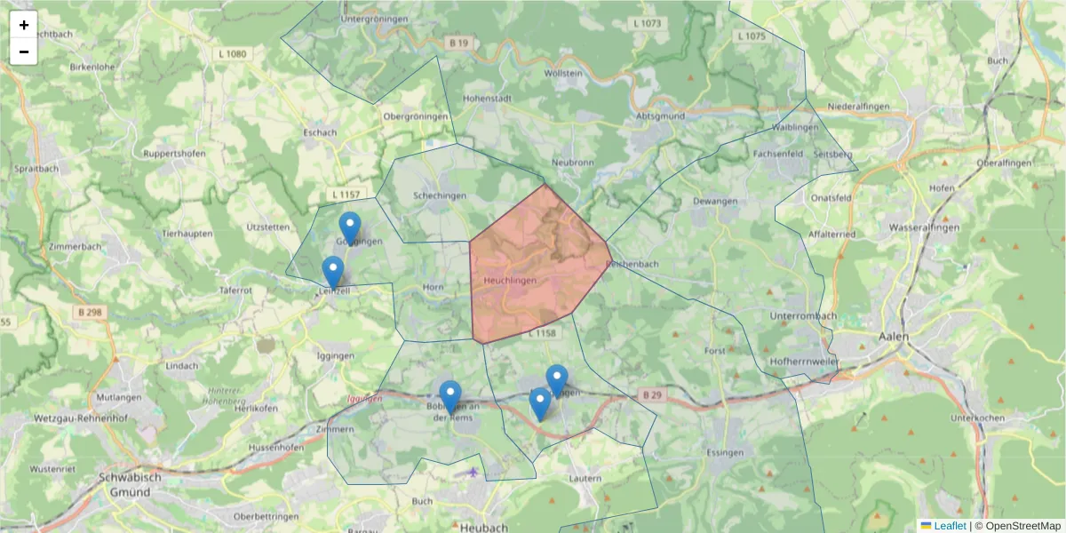 Karte des Postleitzahlen Bereichs  und der umliegenden Postleitzahlen in Deutschland