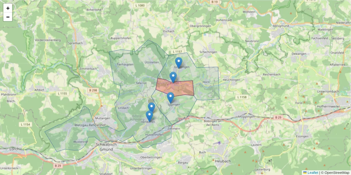 Karte des Postleitzahlen Bereichs  und der umliegenden Postleitzahlen in Deutschland