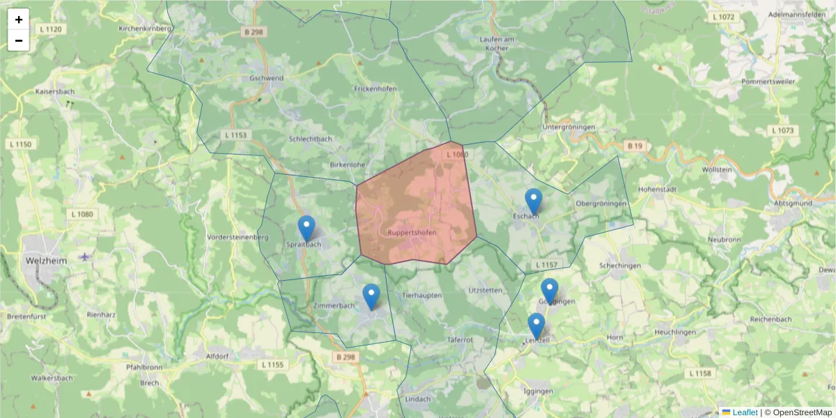 Karte des Postleitzahlen Bereichs  und der umliegenden Postleitzahlen in Deutschland