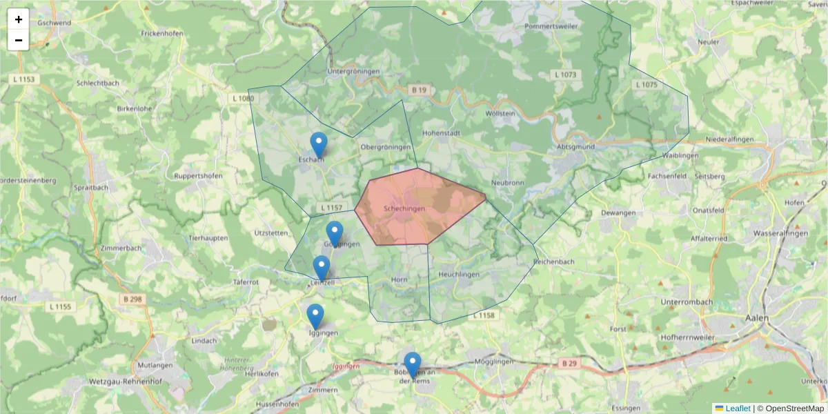 Karte des Postleitzahlen Bereichs  und der umliegenden Postleitzahlen in Deutschland