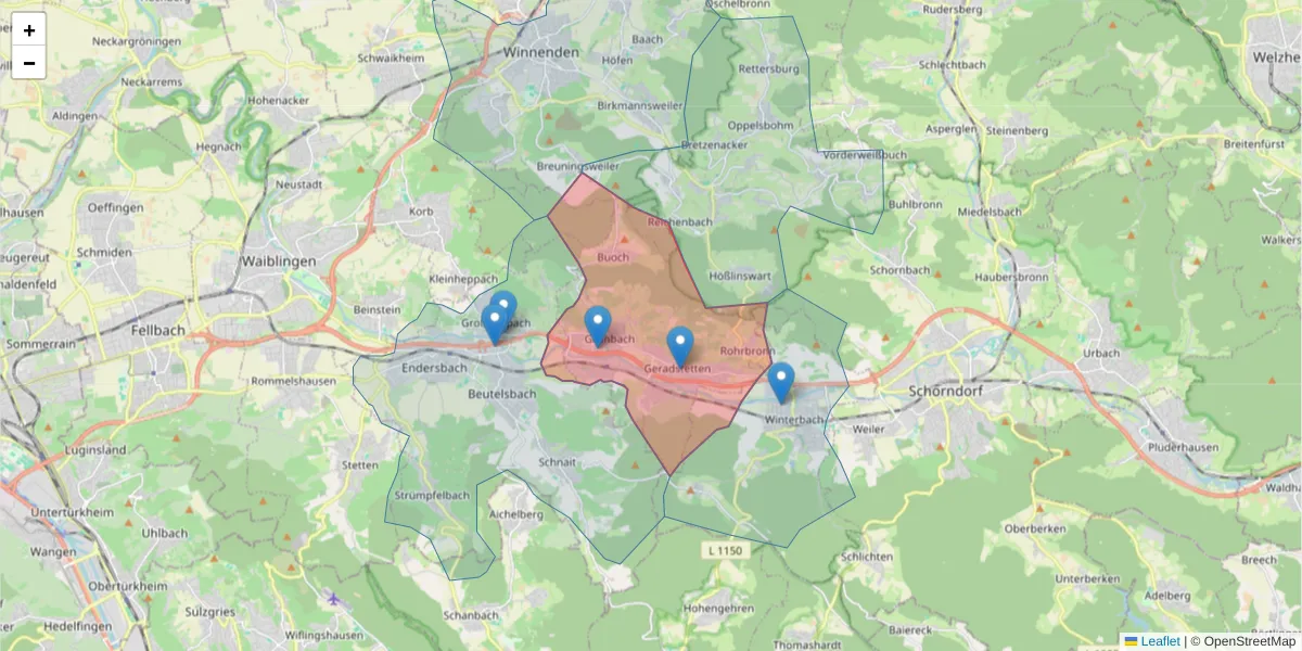 Karte des Postleitzahlen Bereichs  und der umliegenden Postleitzahlen in Deutschland